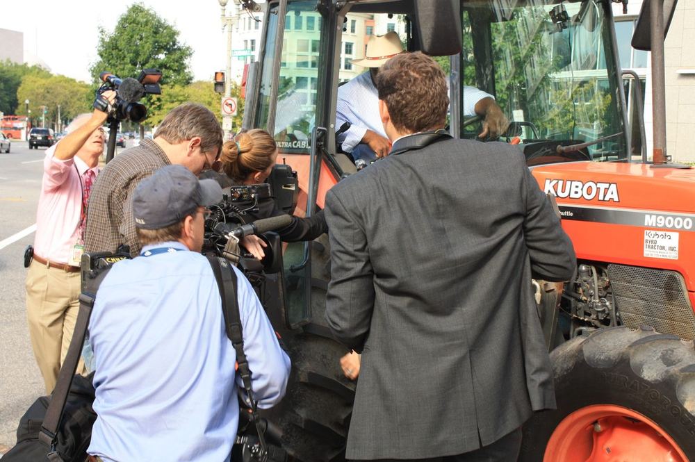 Press gathers at the NBFA tractor, Washington DC